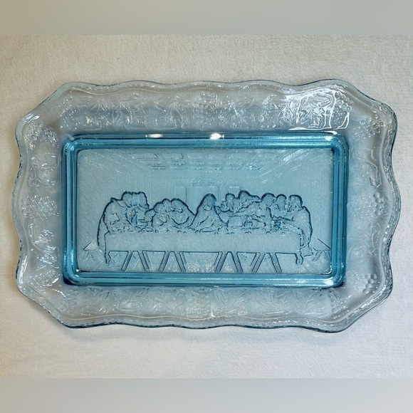 Tiara Other - Vintage Blue Tiara Last Supper Bread Plate Platter Indiana Glass Tray Large